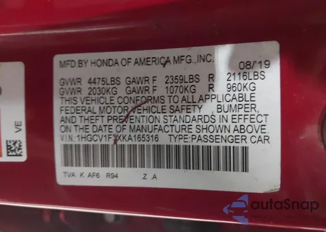 2019 Honda Accord Sport from USA, damaged, VIN 1HGCV1F3XKA165316